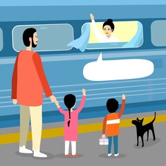 Father, son and daughter accompany mom. Train leaves, emotions overwhelm. Mom waves on train and says nice words. Nearby is a black dog. Tears of happiness. Value of people. Place to place words.