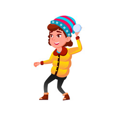 happiness caucasian girl playing snowballs with friends in park cartoon vector. happiness caucasian girl playing snowballs with friends in park character. isolated flat cartoon illustration