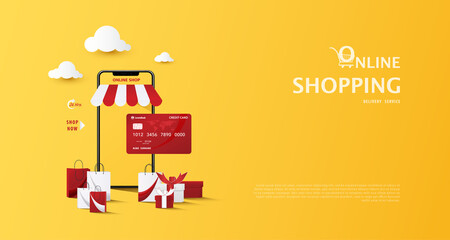 Concept of e commerce, online shopping on web stores through mobile phone and marketplace with credit card, shopping bags on yellow background. Vector Illustration