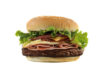 Hamburger with cheese, bacon and ham