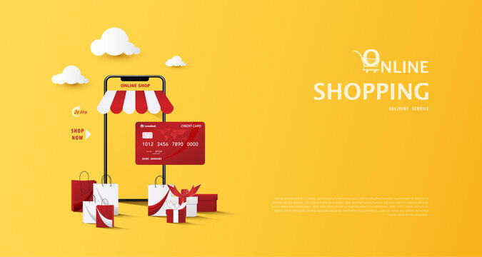 Concept of e commerce, online shopping on web stores through mobile phone and marketplace with credit card, shopping bags on yellow background. Vector Illustration