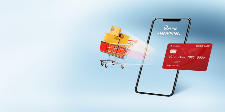 Concept of ecommerce, marketplace, web stores, online shopping and shipping with shop cart rising out of phone screen and credit card on light blue background with copy space