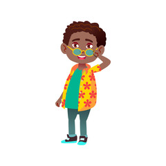 happy african boy infant lowering glasses from face for better look at friend cartoon vector. happy african boy infant lowering glasses from face for better look at friend character. isolated flat