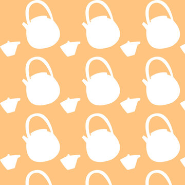 Vector pattern with the image of white teapots on a light orange background