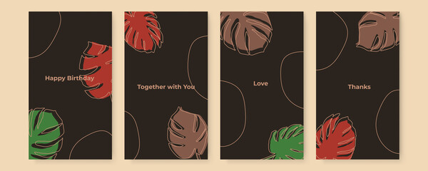 Vector design templates in simple modern style with copy space for text, flowers and leaves - wedding invitation backgrounds and frames, social media stories wallpapers