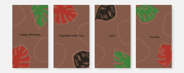 Vector design templates in simple modern style with copy space for text, flowers and leaves - wedding invitation backgrounds and frames, social media stories wallpapers