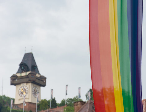 Rainbow flag for the annual gay parade in the Main Square (Hauptplatz)in Graz, Austria