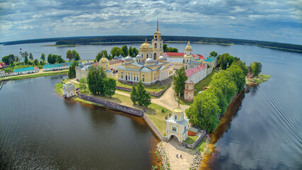 Stolobny Island is an island on Lake Seliger in the Tver Oblast of Russia. Nilov Monastery or Nilo-Stolobenskaya Pustyn. Aerial view