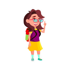 smart caucasian girl with backpack remind answer on problem at school cartoon vector. smart caucasian girl with backpack remind answer on problem at school character. isolated flat cartoon