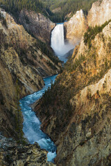 Lower Falls of the Yellowstone River and the canyon below as viewed from the famous tourist destination viewpoint at Artist Point on the rim of the canyon in Yellowstone National park, Wyoming
