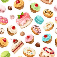 Fototapeta na wymiar Vector seamless pattern with various colorful cakes, cupcakes, macaroons, donuts, candies and other sweets on a white background. 