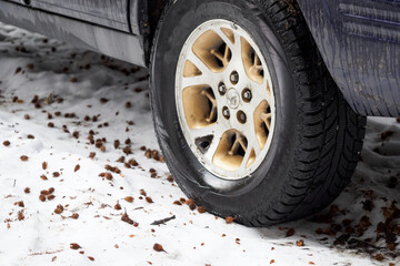 Auction car tire in the snow.