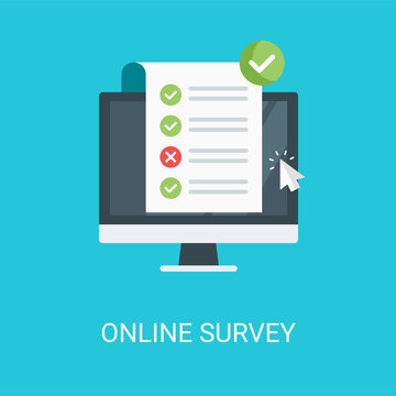 Online Survey Vector Illustration Background In Flat Style. Suitable For Web Banners, Social Media, Postcard, Presentation And Many More.