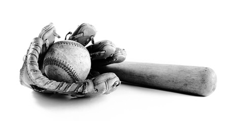 Baseball in ball glove with wooden bat isolated on white background for vintage sports equipment...