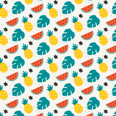 Summer pattern , bright fun colorful style. Pineapple and watermelon background