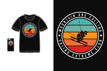 Skiing extreme club, t shirt design silhouette retro style