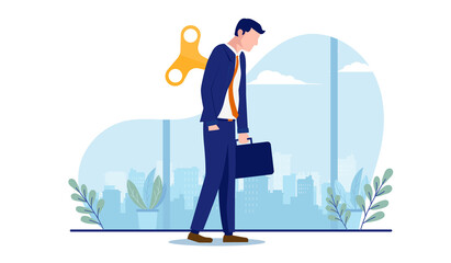Businessman feeling useless - Man walking like a wind up puppet alone, being a slave to corporate business. Vector illustration with white background.