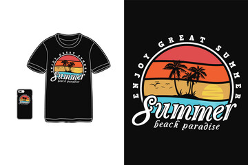 Summer beach paradise, t shirt design silhouette retro style