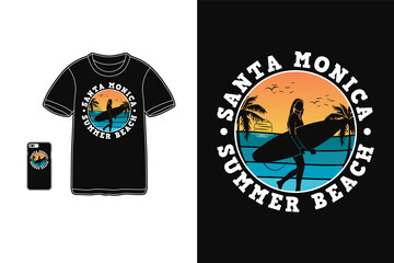 Santa monica summer beach, t shirt design silhouette retro style