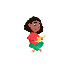 cute african girl sitting on green grass field and reading interesting book cartoon vector. cute african girl sitting on green grass field and reading interesting book character. isolated flat cartoon