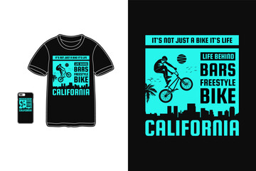 Freestyle bike california, t shirt design silhouette retro style