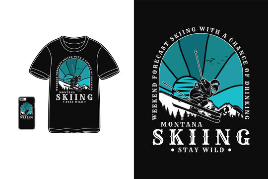 Montana skiing, t shirt design silhouette retro style