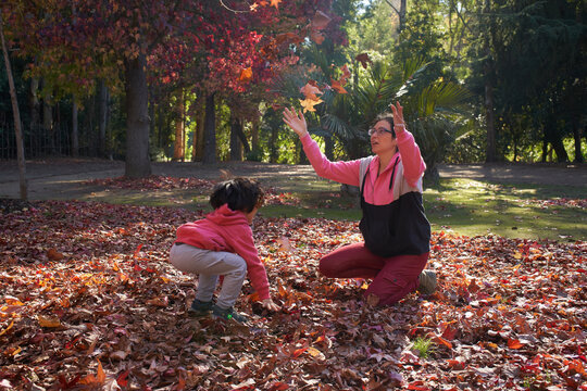 Mother and child play with leaves. Maternal session