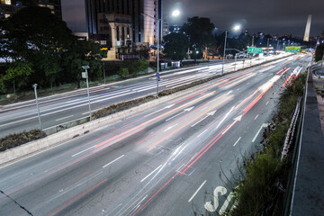 Sao Paulo, Brazil, May 09, 2021. Traffic on 23 de Maio Avenue, near of Ibirapuera Park, at night in Sao Paulo