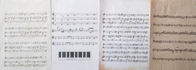 Obraz premium close up ancient old paper sheet with music notes, classic culture arts