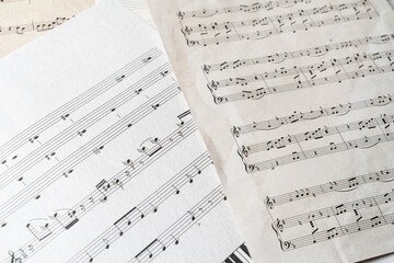 close up ancient old paper sheet with music notes, classic culture arts