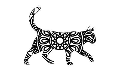 Lovely cat in doodle style. Vector illustration of a romantic kitten. Coloring book page for adult. Beautiful meditation at home. Isolated art for cat lovers, print, web, textile, souvenir, poster.