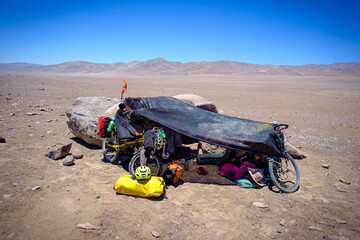 Noon, crossing the Atacama desert by bicycle, La Negra, Antofagasta, Chile