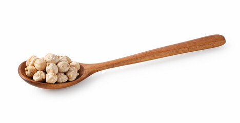 Chickpeas and wooden spoon on white background