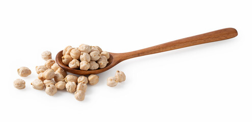 Chickpeas and wooden spoon on white background