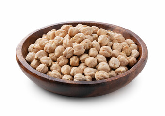 Chickpeas in a wooden dish on a white background.