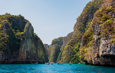 Scenic seascape of Pileh Lagoon with Turquoise Andaman Sea in Summer, Phi Phi Don Islands, Krabi, Thailand