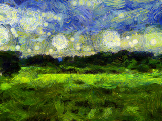 Sky and grassland, trees Illustrations creates an impressionist style of painting.