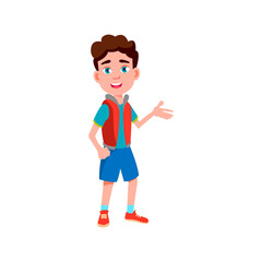 happy preteen boy show new bike in garage cartoon vector. happy preteen boy show new bike in garage character. isolated flat cartoon illustration