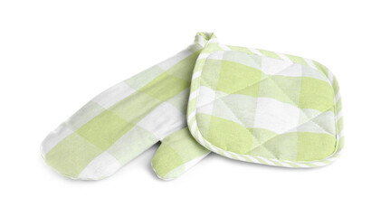 Naklejka premium Oven glove and potholder for hot dishes on white background