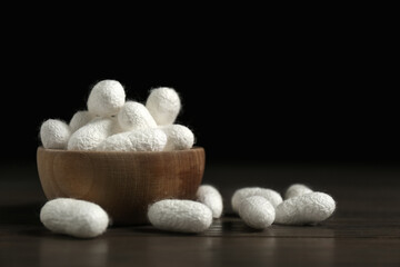 White silk cocoons with bowl on wooden table, closeup. Space for text