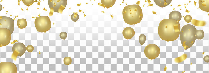 Vector party new balloons gold color illustration. Confetti and ribbons flag ribbons, Celebration background template