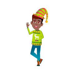 funny boy teen wearing elf hat enjoying on xmas party cartoon vector. funny boy teen wearing elf hat enjoying on xmas party character. isolated flat cartoon illustration