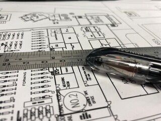Selective focus of drawing, engineering, technical, ruler, plan 