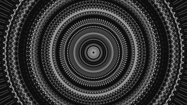 Abstract circular monochrome mandala pattern, seamless loop. Animation. Black and white blinking narrow rings widen one by one with a stop motion effect.