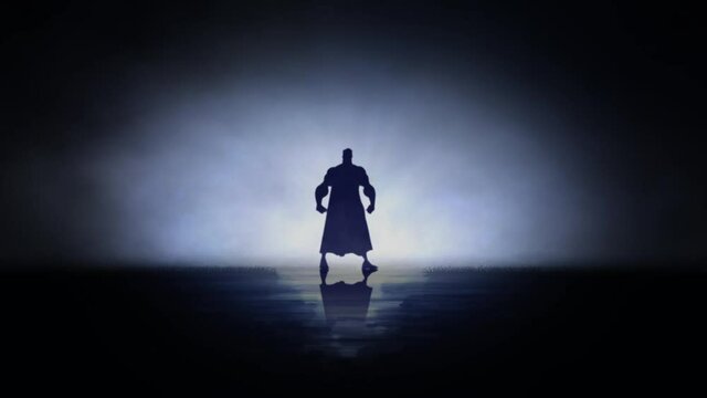 Super Hero Silhouette in Smoky Blue Atmosphere 4K Loop features the silhouette of a super hero with cape blowing slightly with smoke billowing by with a blue atmosphere in a loop