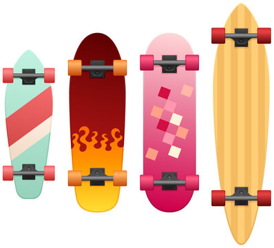 Vector illustration of four skateboards of various designs, including a cruiser and a longboard.