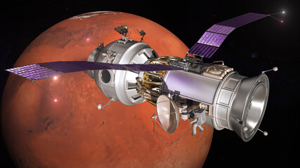 Mars Exploration Program. Spacecraft on Mars orbit. 3d rendering