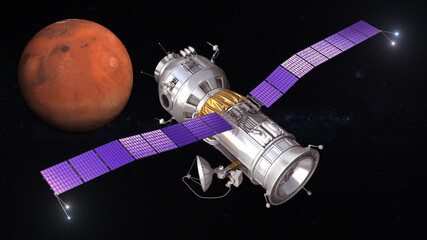 Mars Exploration Program. Spacecraft on Mars orbit. 3d rendering