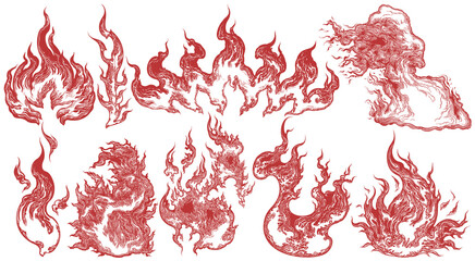 Fire. Design set. Editable hand drawn illustration. Vector vintage engraving. Isolated on white background. 8 EPS - 438904853