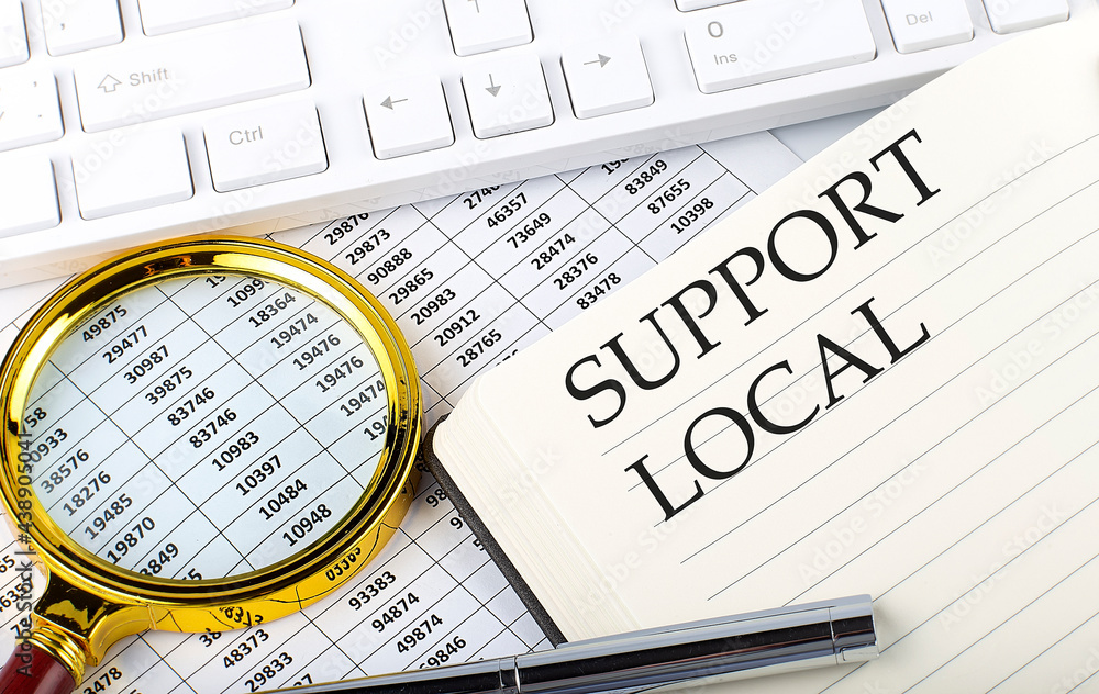 Poster support local text on notebook with chart, magnifier,keyboard and pen